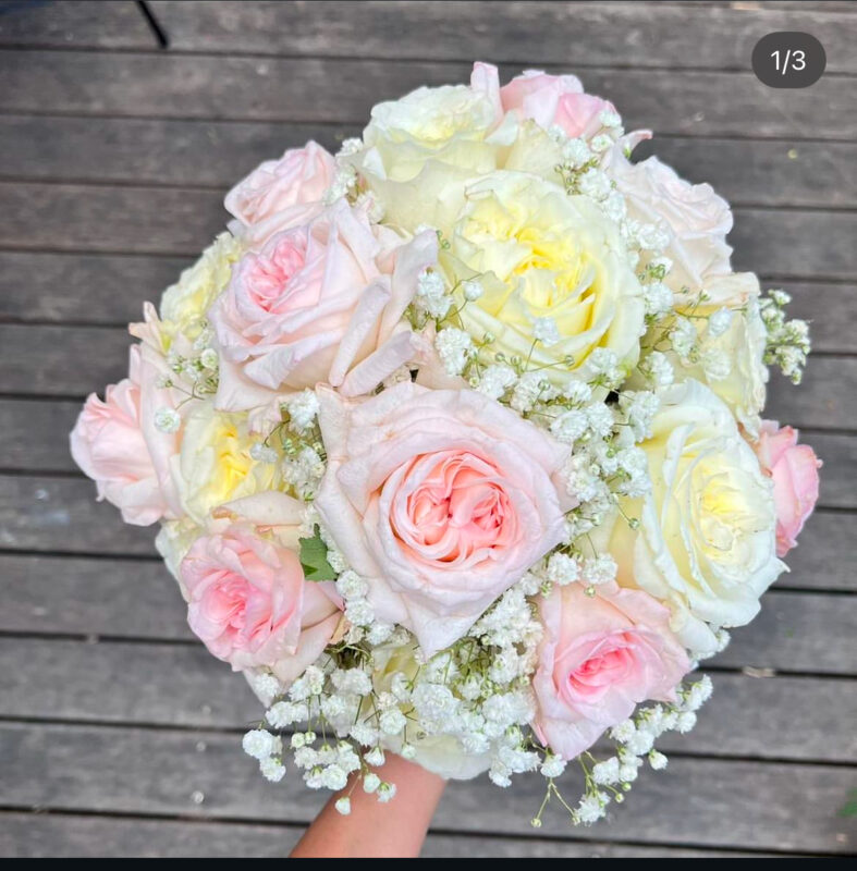 BU05 Bridal Bouquet With CreamPastel Pink RosesBabys Breath 787x800