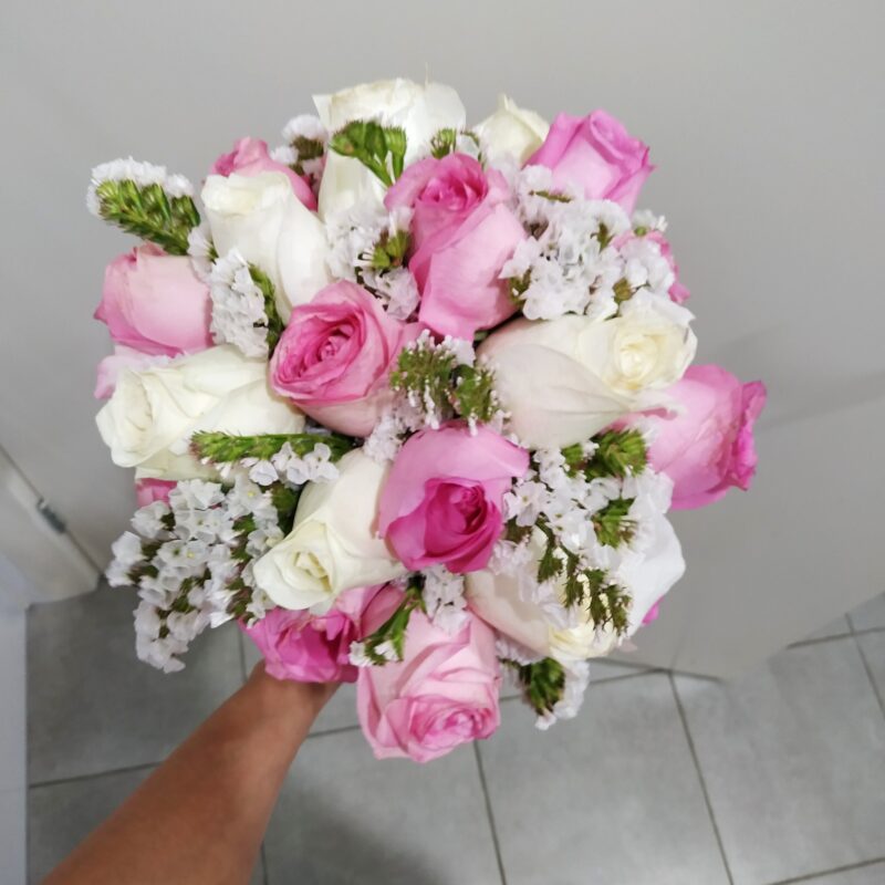 BU15 Bridal Bouquet With White And Medium Pink Roses And Other Greens 800x800