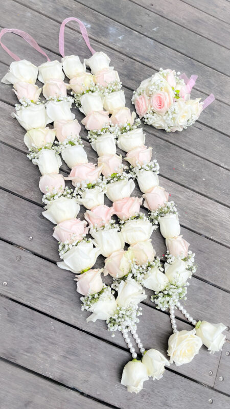 G66 Wedding Garlands With White And Light Pink Roses With Babys Breath And Matching Bracelets 450x800