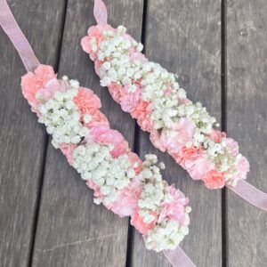 H35 Hair Bun Piece With Light Pink Small Carnations With Babys Breath 300x300